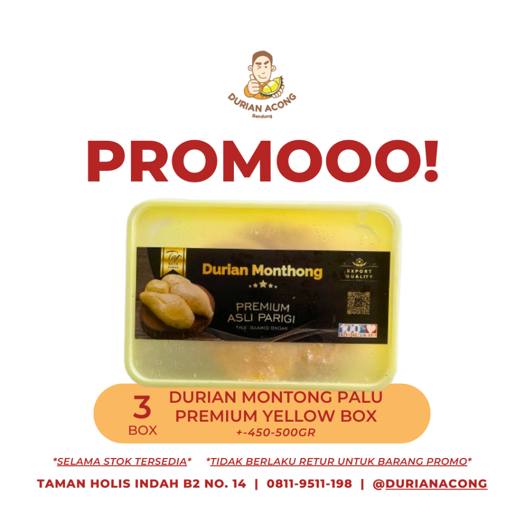 

PROMO - 3 Box Durian Montong Palu PREMIUM YELLOW BOX +-450-500gr