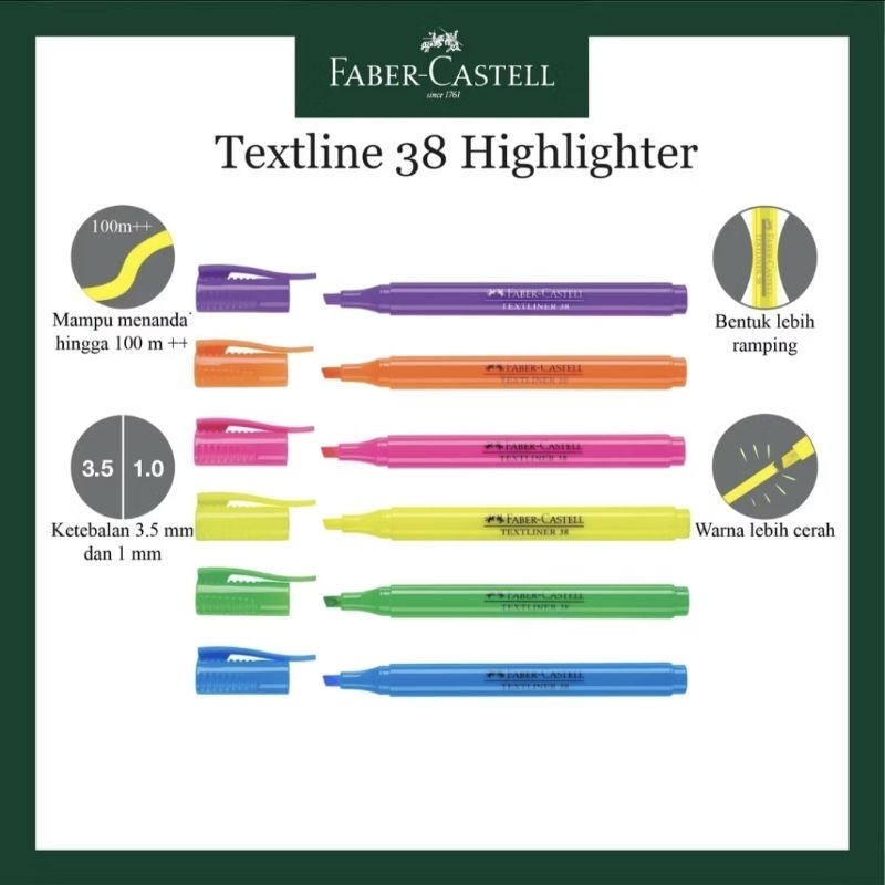 

Textliner Faber Castell 38 Fluorescent ink / Highlighter / Fluorescent / 6 warna