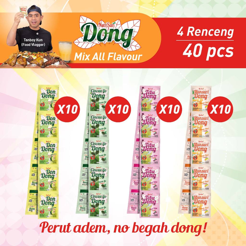 

Nutrisari Dondong Minuman Serbuk Paket 4 Renceng MIX Rasa Kedondong, Cincau Hijau, Sari Tebu, Timun Suri