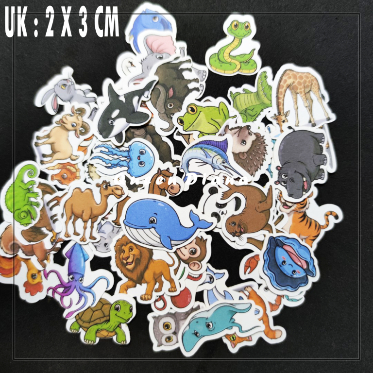 

isi 50 pcs stiker hewan chibi warna doff lengkap hewan darat dan laut cute