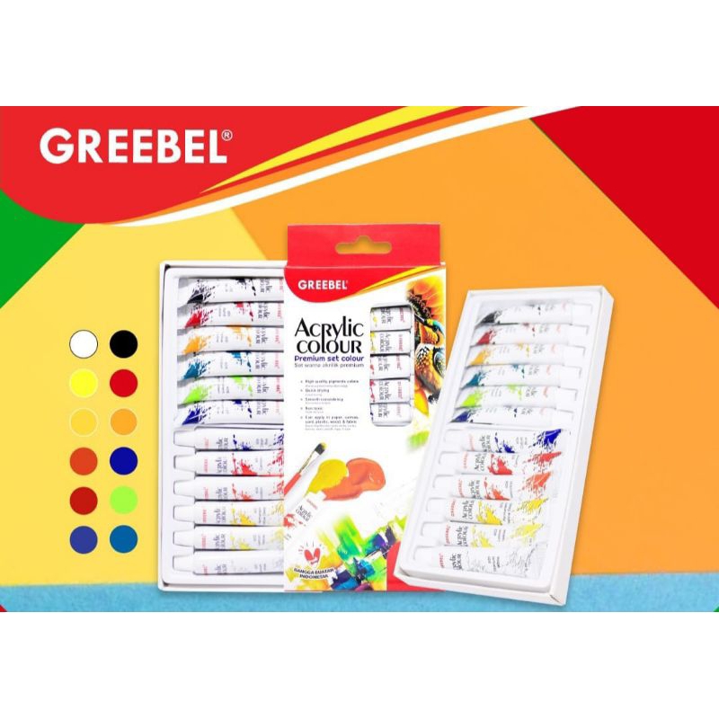 

ACRYLIC COLOURS, PREMIUM SET COLOUR. 12 WARNA 6ML, BONUS KUAS LUKIS