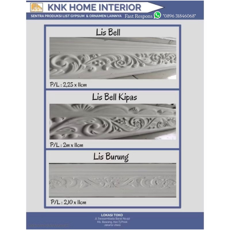 List Gypsum Ukuran 11cm / List Gypsum 8cm / Lis Gypsum Motif Kembang, Burung / List Minimalis / List