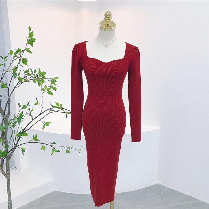 [Hallyu] Vneck Maxi Dress Square V Neck Lengan Panjang Knit Premium | Dress Press Body Square V Neck