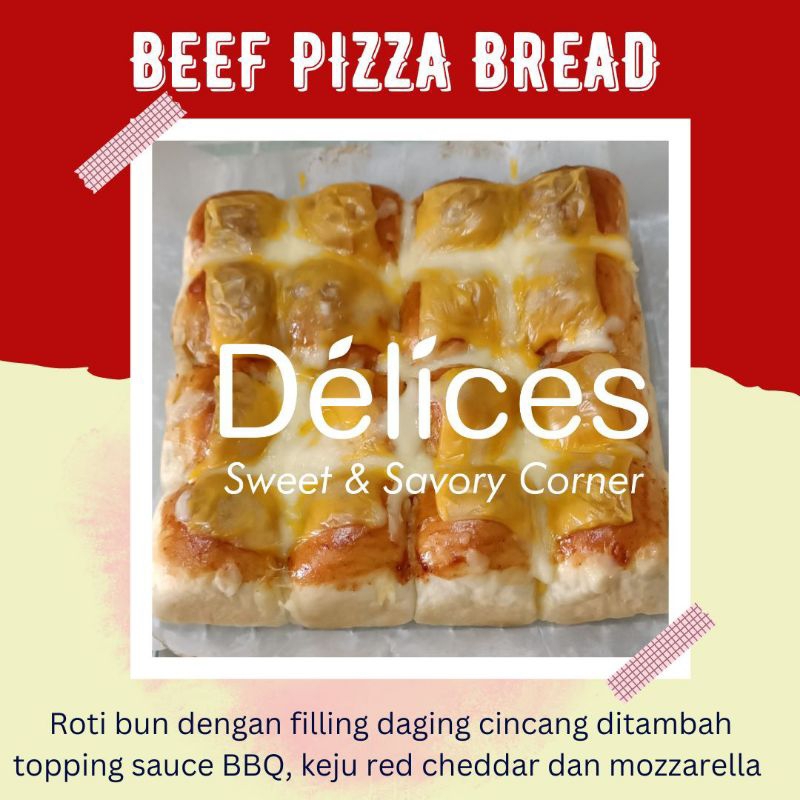 

Beef Pizza Bread, Roti soft Bun dengan filling daging sapiditambah topping sauce BBQ, keju red cheddar dan mozzarella. Cocok juga untuk hampers Ulang Tahun atau acara lainnya