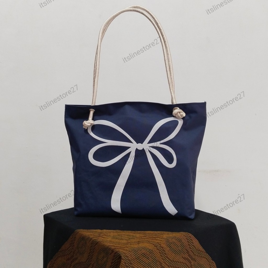 Tas Wanita Totebag Tas Ibu Motif Pita Besar Canvas Resleting Tali Sumbu Premium