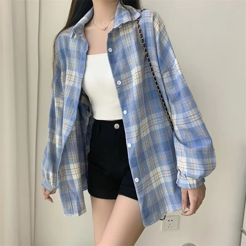 Flannel Shirt Kemeja Flanel Wanita Kotak Lengan Panjang Hijab Atasan Outfit Kuliah Aesthetic Korean