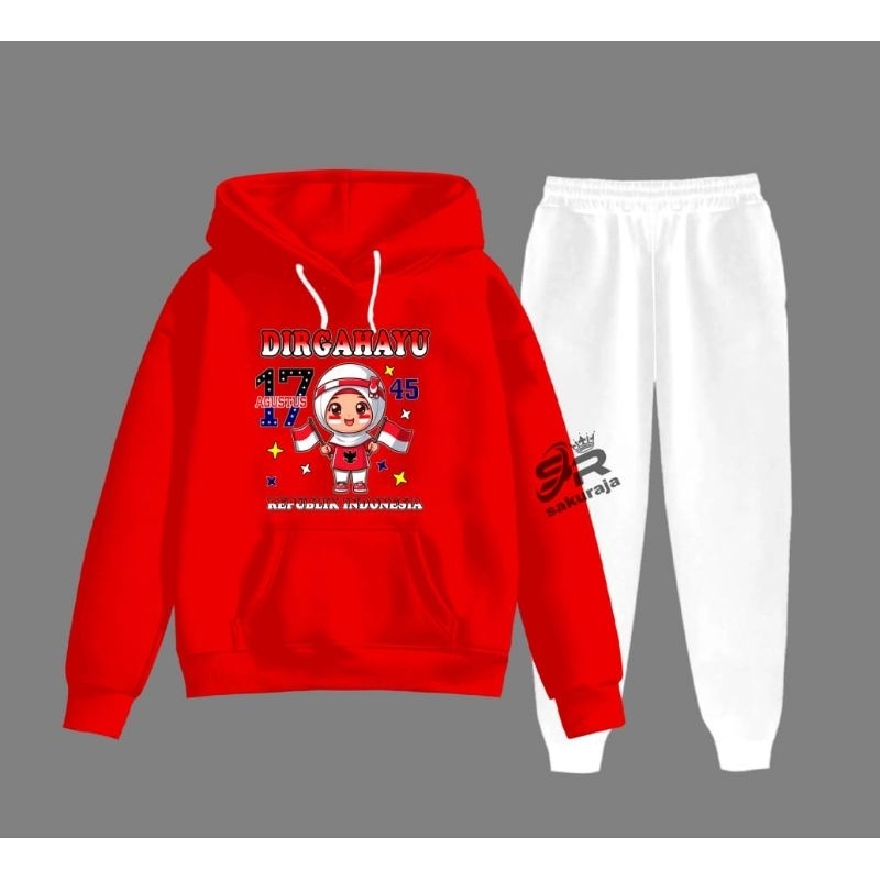 setelan hoodie  anak berhijab motif Dirgahayu HUT RI