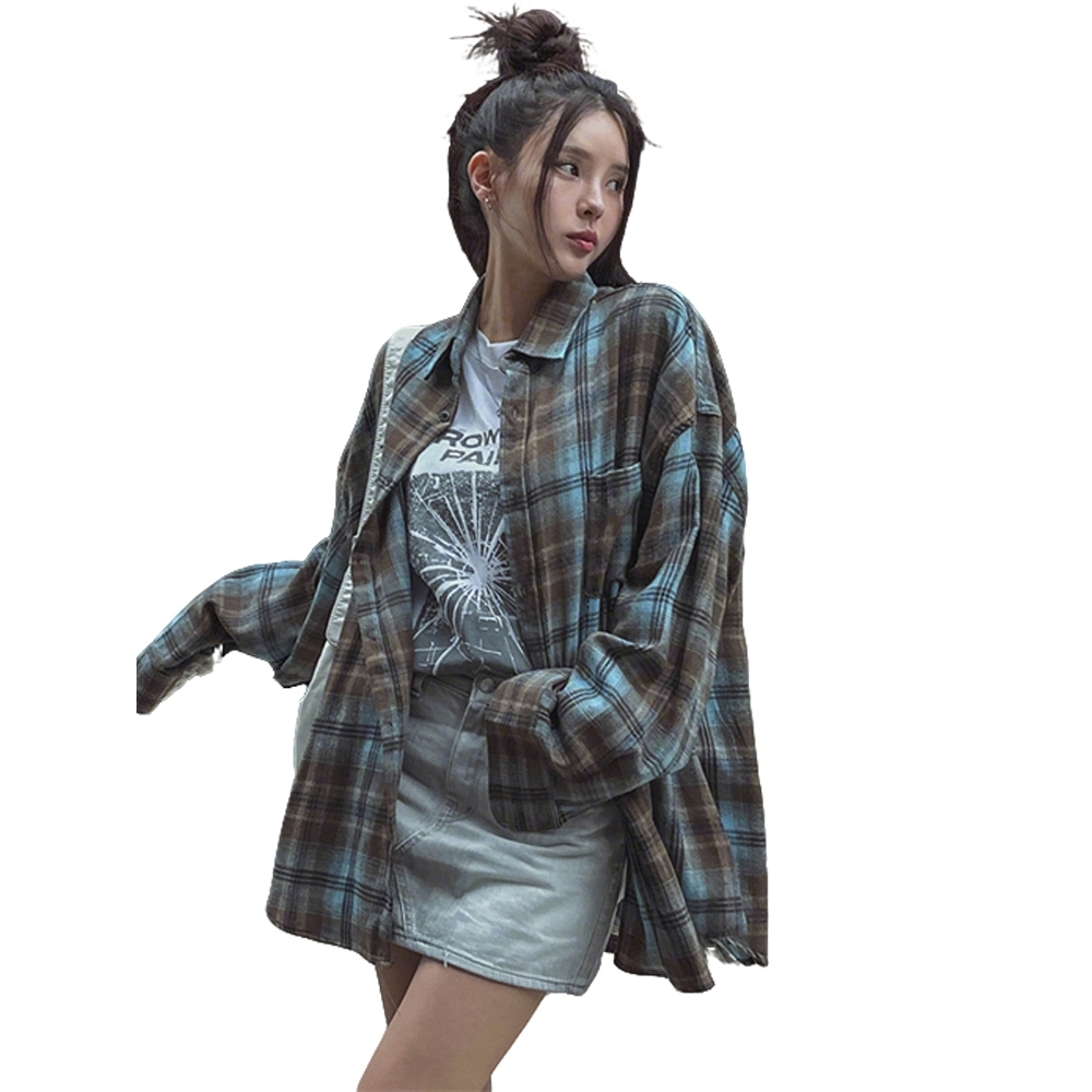 LISA Jas wanita lengan panjang kotak-kotak biru longgar untuk musim panas kemeja wanita