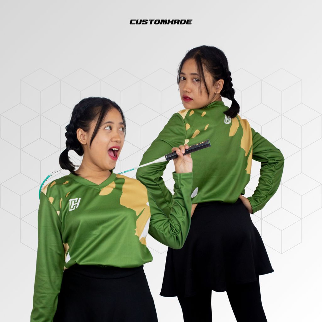 CH Baju Jersey Olahraga Badminton Wanita Lengan Panjang Custom Nama Terbaru Hijau Army