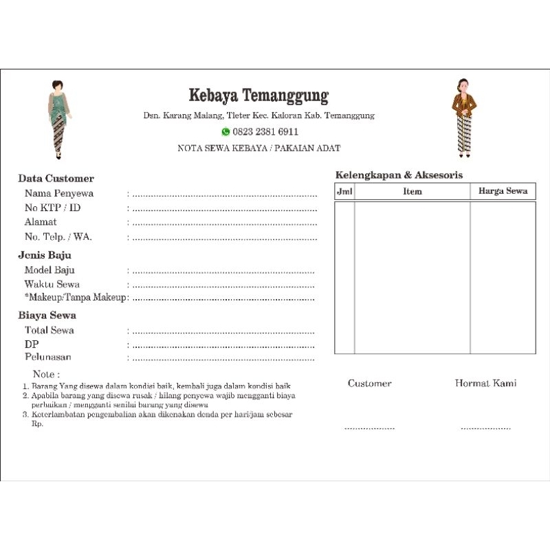 

Nota Sewa Kebaya/Pakaian Adat / Nota CUSTOM