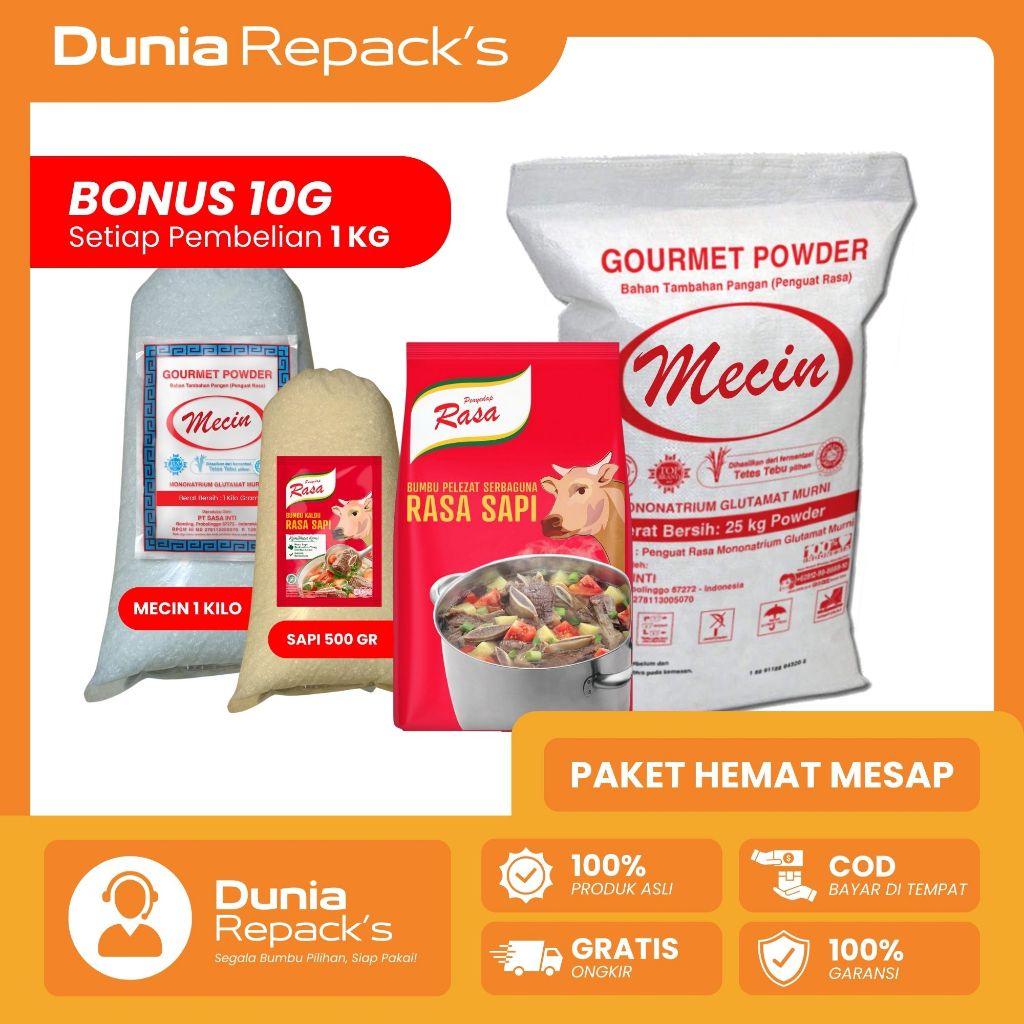 

PAKET HEMAT MESAP Mecin MSG dan Penyedap Rasa Sapi Kemasan Repack Asli 100% Murni Tanpa Campuran