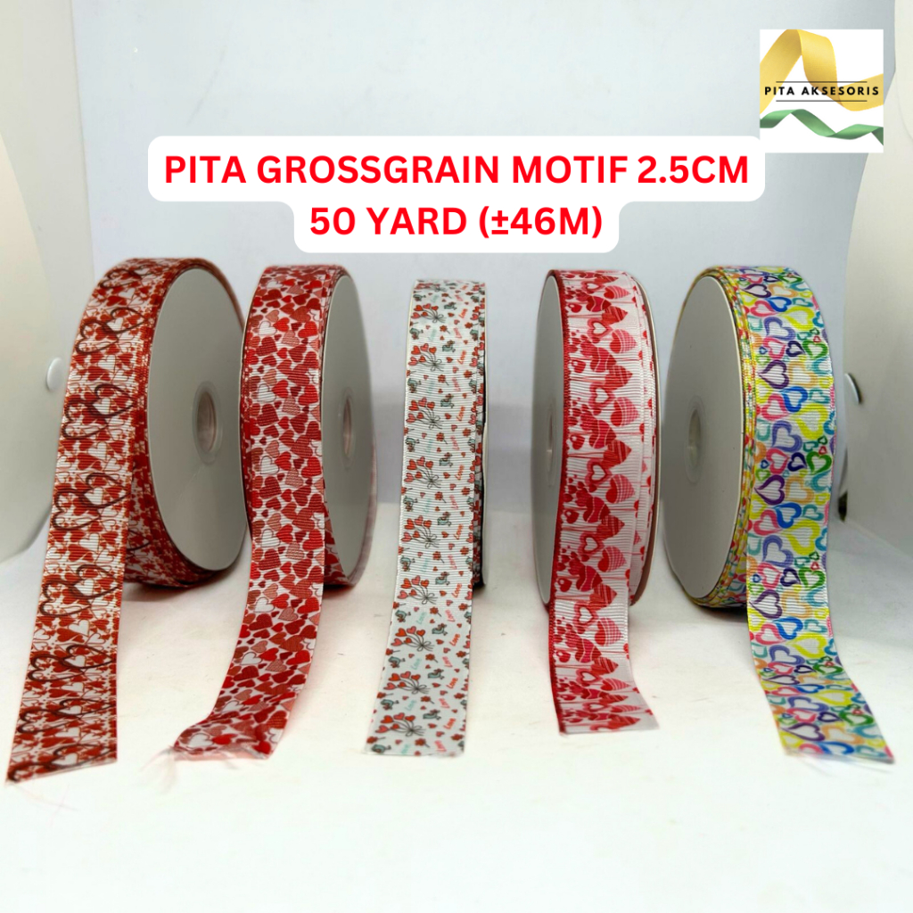 

(1 ROLL 50 YARD) Pita Grossgrain Motif Love Valentine 2.5cm x 46m Ornament Hampers Kue Hiasan Undangan Pita Kado Bouquet Bunga