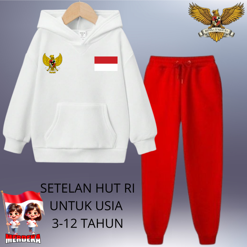 Setelan Baju Anak Laki2 Perempuan 17 Agustususan Cowok Cewek Setelan Hoodie Anak Lengan Panjang Moti