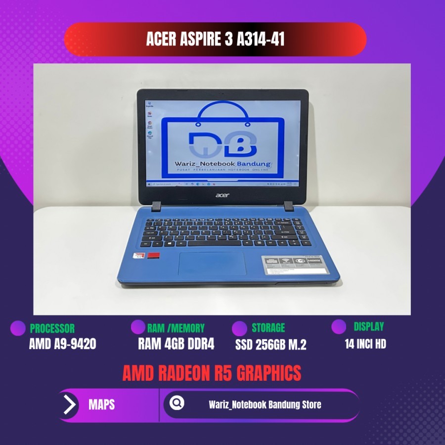 ACER ASPIRE 3 A314-41 AMD A9-9420 RAM 4GB SSD 256GB 14inci MULUS