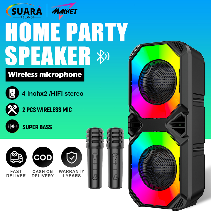 RADALANI90 - MAIKET SPEAKER KARAOKE BLUETOOTH BESAR - SUPER BASS, 2 MIC WIRELESS, FM RADIO, SALON