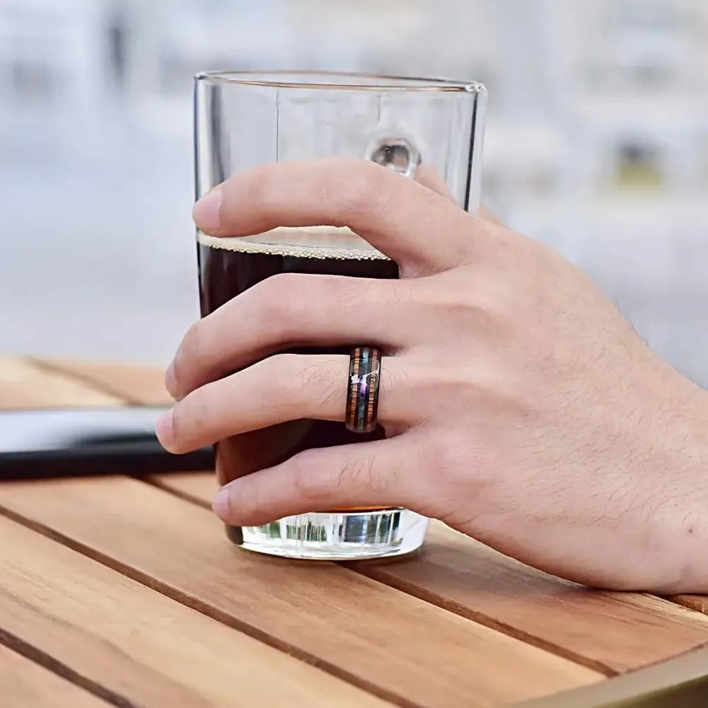 D3W Cincin 3 Baris Corak Coklat Kayu Hitam / Cincin List Kayu Stainless 8 mm Pria Wanita Simple