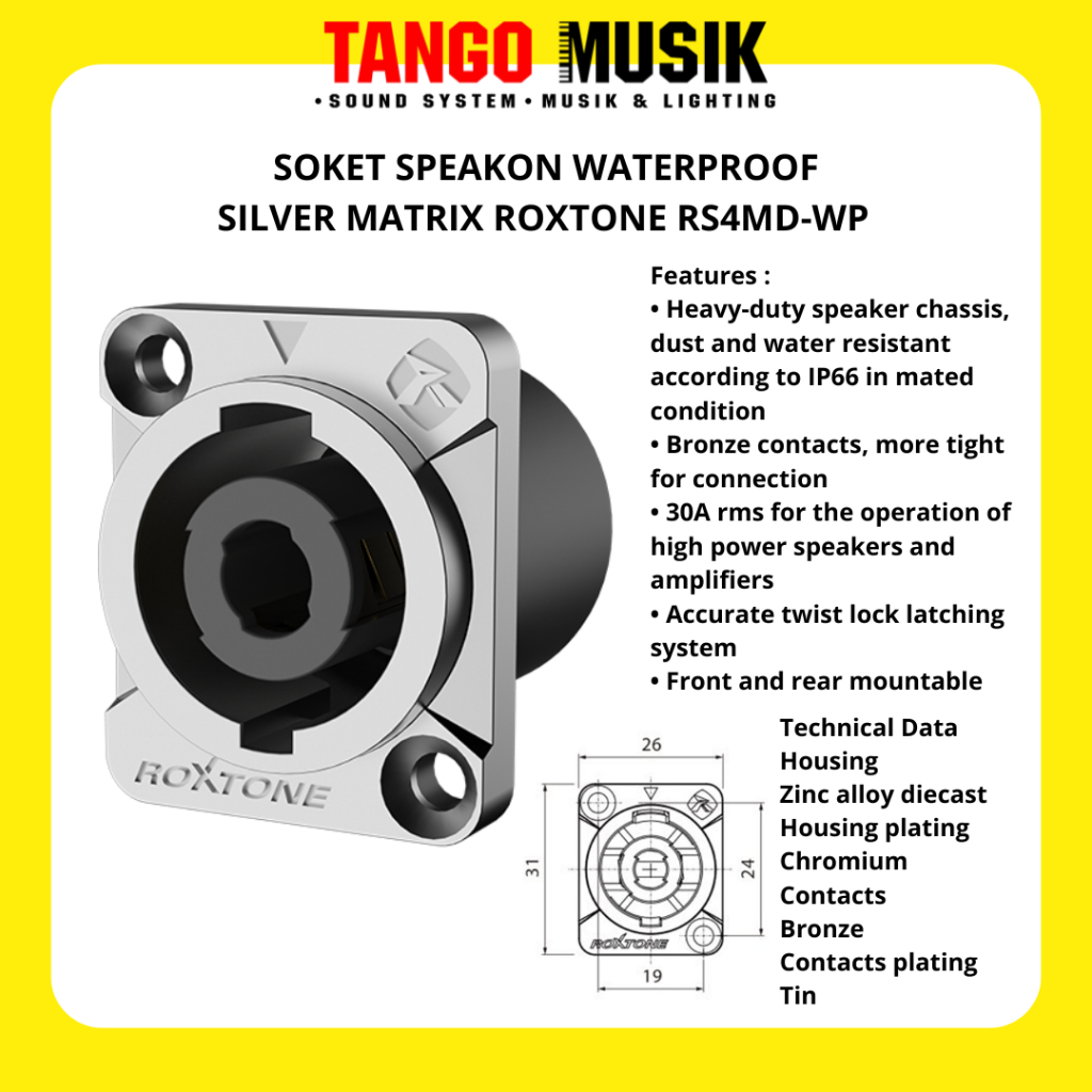 SOKET SPEAKON WATERPROOF SILVER MATRIX ROXTONE RS4MD-WP ORIGINAL / SOKET SPIKON 4 PIN WATERPROOF / J