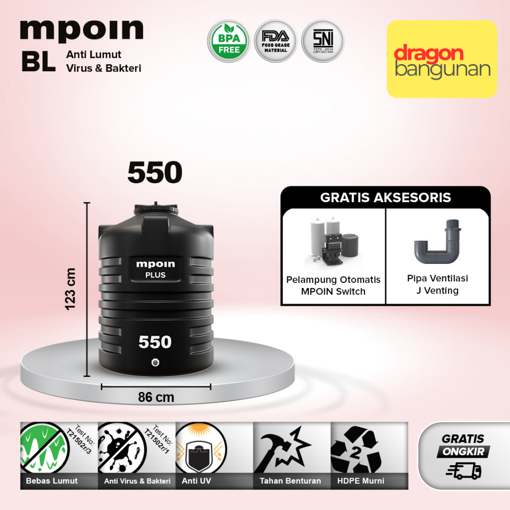 Toren / Tandon / Tangki Air Mpoin Plus 550/ Mpoin Wave 550 Hitam