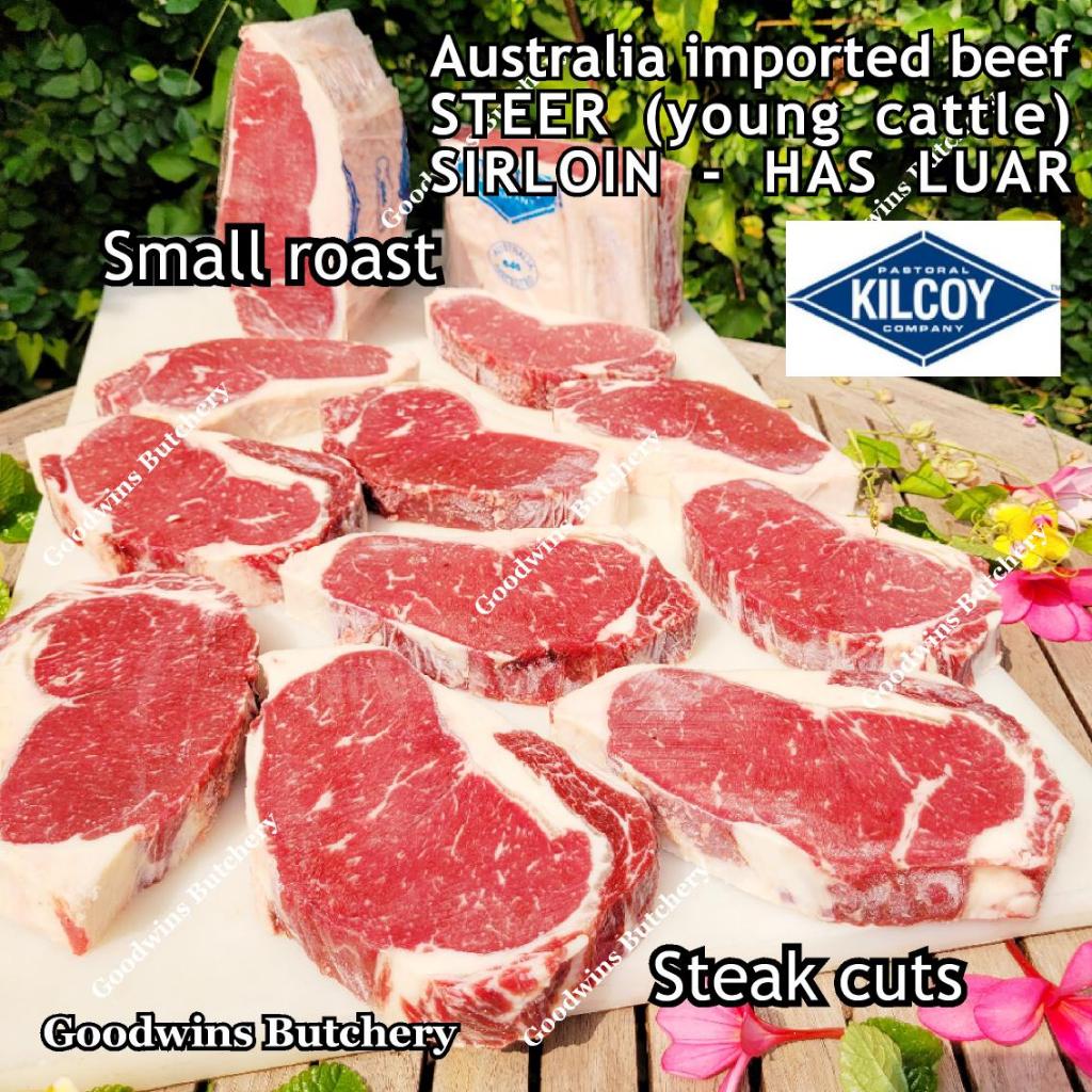 

Beef SIRLOIN Australia PR-STEER (young cattle) Kilcoy frozen STEAK CUTS daging sapi has luar Striploin New York strip