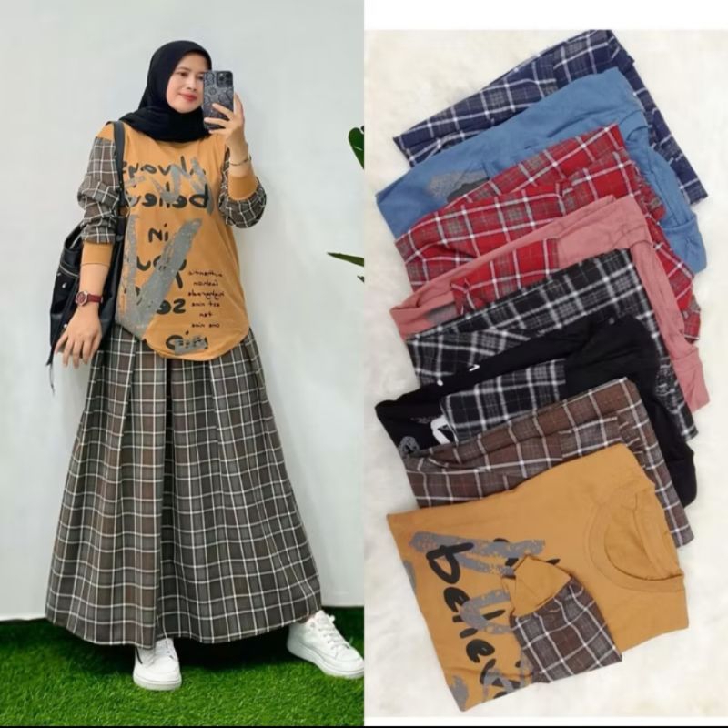 Berna setelan Rok Flanel Viral Believe one set flanes rok kotak kotak