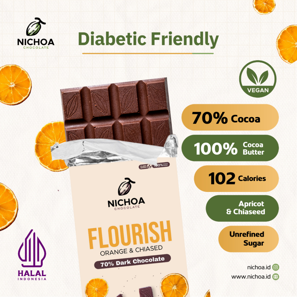 

Nichoa Dark Coklat - Flourish (Apricot Chiassed) 60% Dark Chocolate - Plantbased