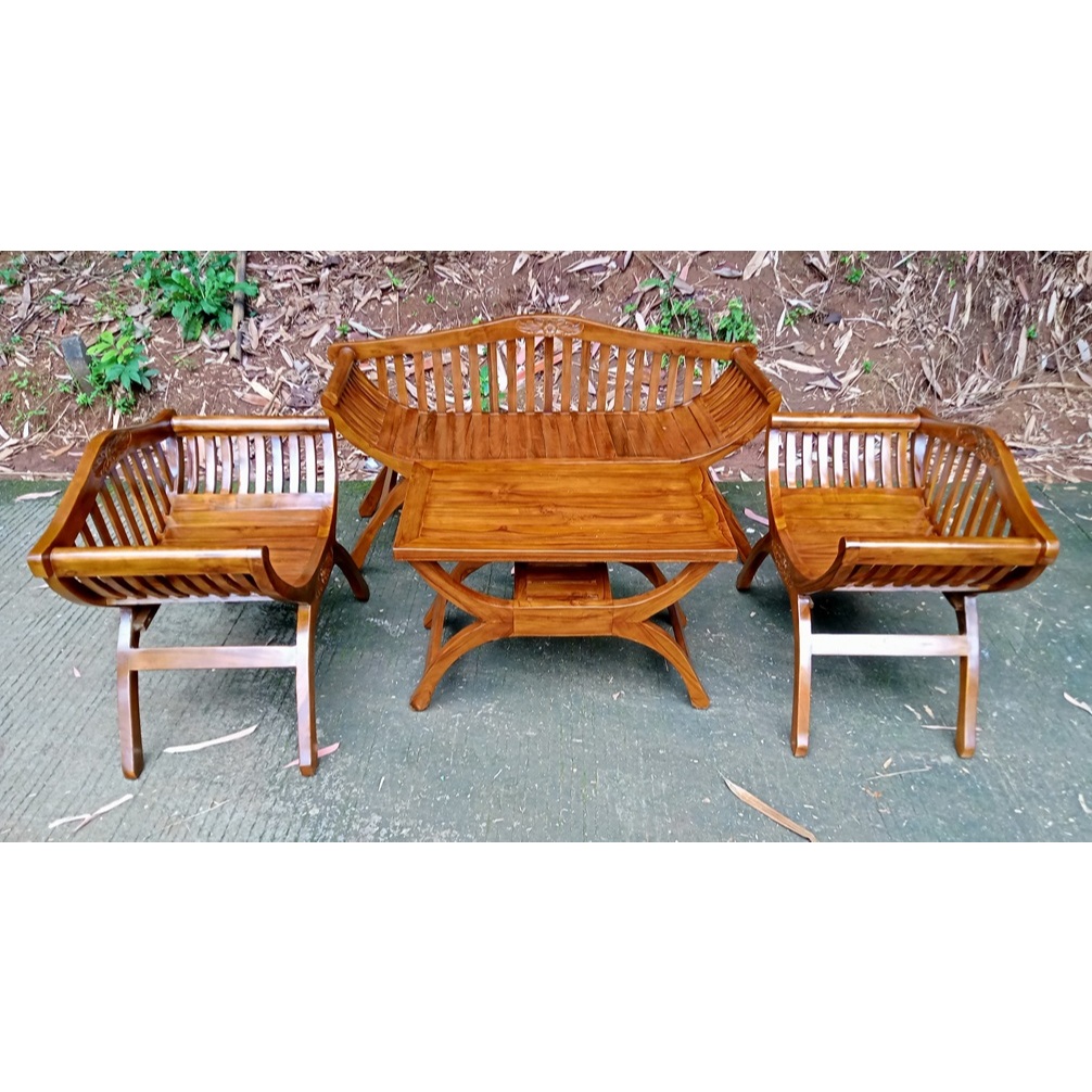 SET KURSI TAMU KAYU JATI MINIMALIS UNIK KURSI TAMU YUYU SANDARAN PLUS MEJA KAYU JATI/
