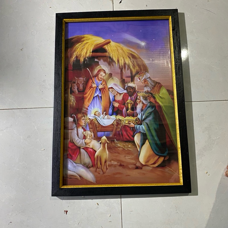 hiasan dinding lukisan cetak gambar kelahiran Yesus kristus plus binkai UK 65 x 45 cm