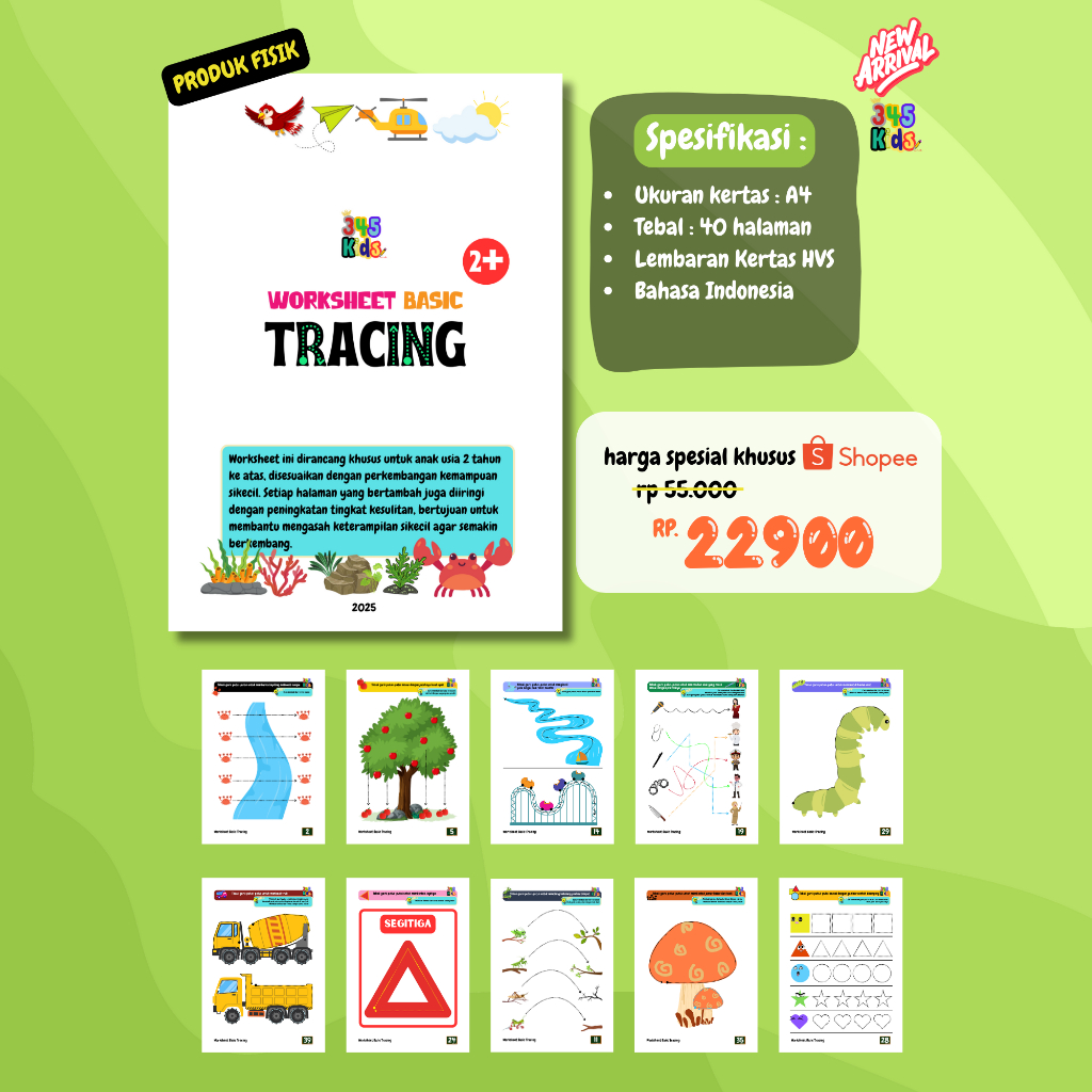 Worksheet Basic Tracing 345Kids 40 Halaman, untuk anak umur 2 3 4 tahun