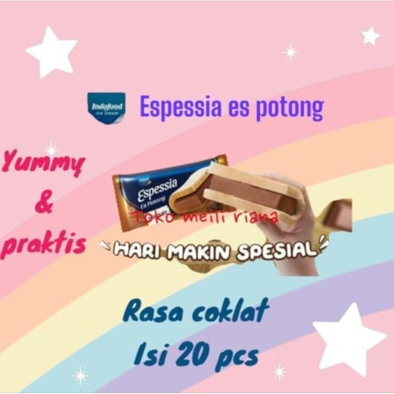 

espessia es potong rasa coklat isi 20 pcs dengan ice gel penahan dingin /ice cream indoeskrim espessia