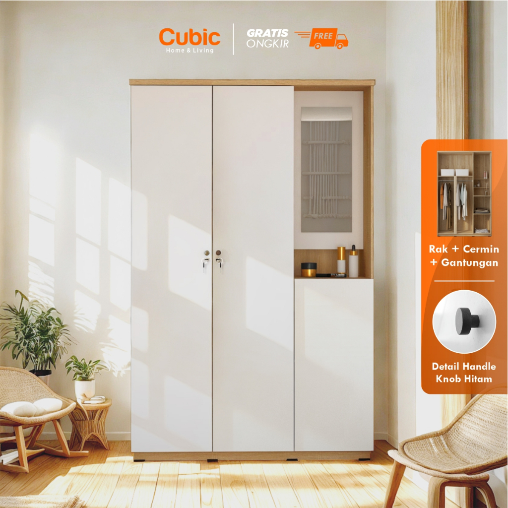 Cubic Lemari Pakaian Minimalis / Lemari Baju 3 Pintu / LUNA LPM 301