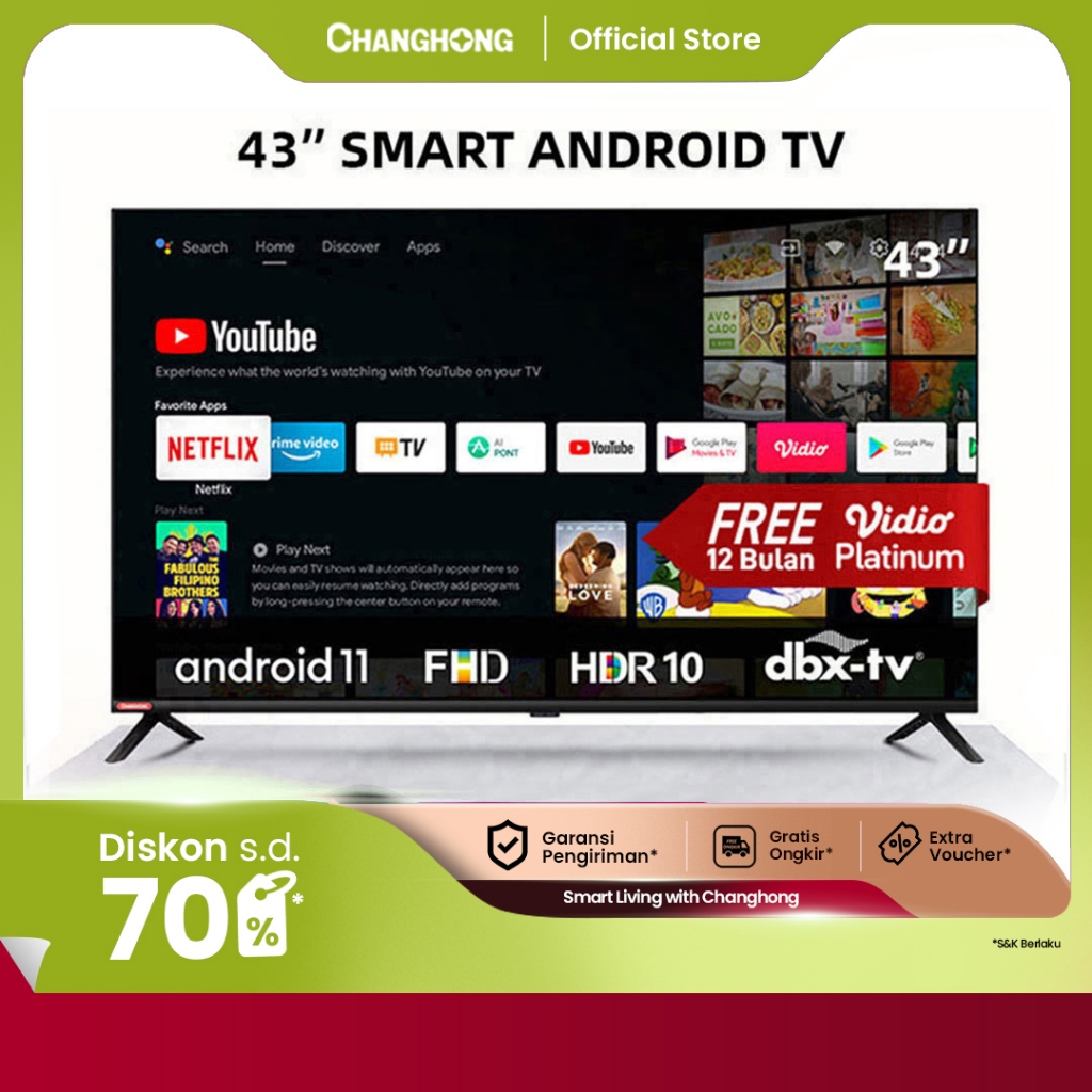 Changhong 43 Inch Newest Android 11 Frameless Smart TV Digital LED TV FHD -Netflix-Youtube-Google Pl