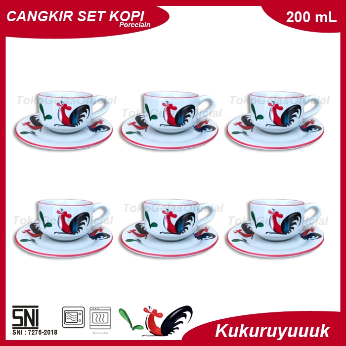 1 Set Isi 6 Pcs Cangkir Teh Porcelain 200 ml dan Tatakan - Cangkir Kopi Porcelain Motif Ayam - Cangk