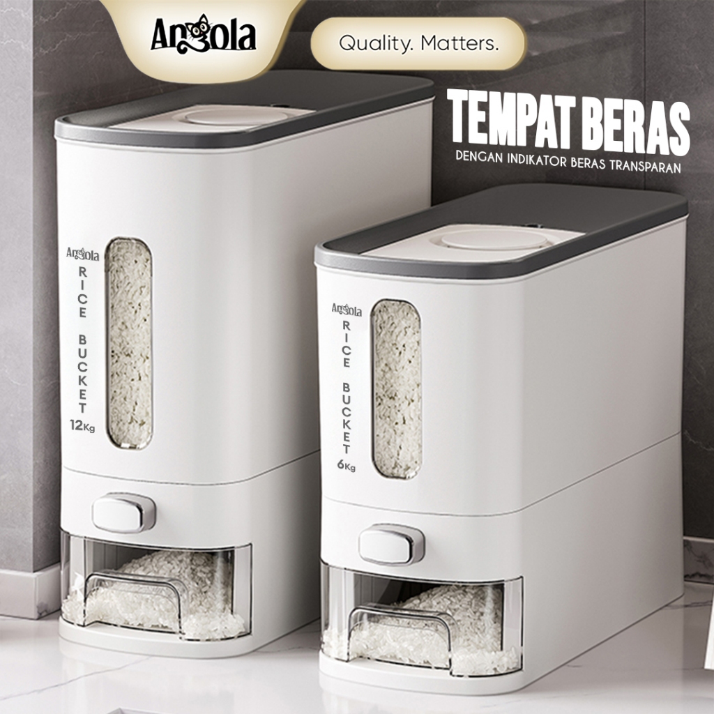 ANGOLA Dispenser Beras Otomatis 6-12KG E13-E14 Tempat Penyimpanan Beras Food Grade
