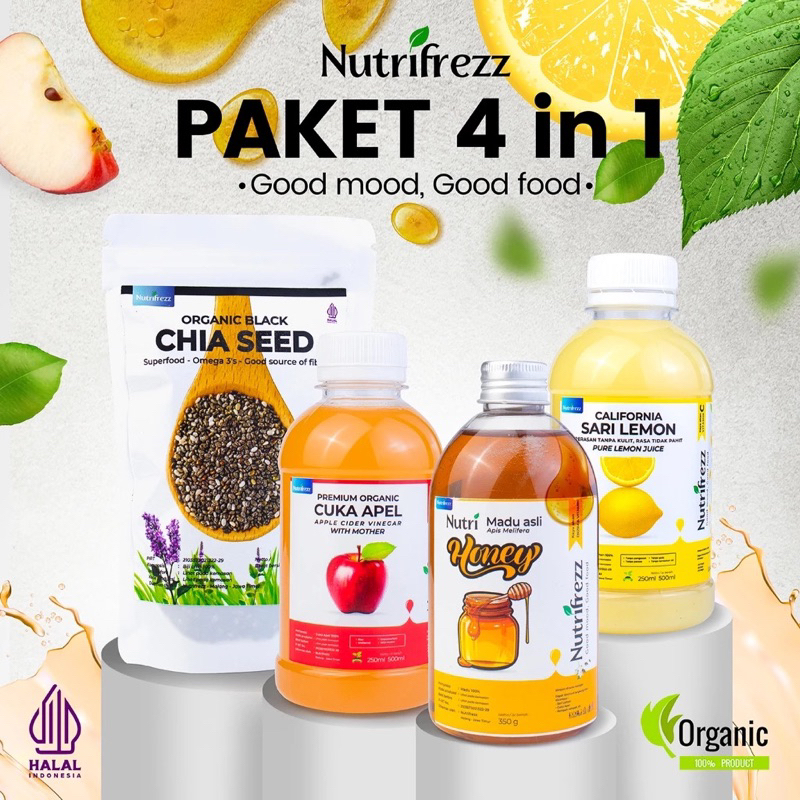 

Nutrifrezz - Paket Diet Glow 4in1 - Sari Lemon - Cuka Apel - Madu Asli - Chiaseed