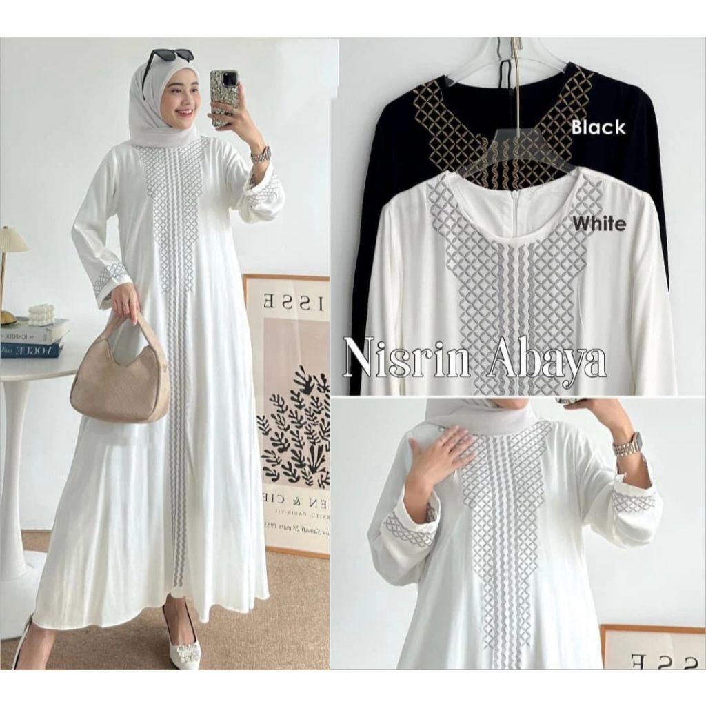 Gamis Abaya Ceruty Babydoll Bordir Terbaru 2025 Abaya Muslim Elegan Warna Hitam & Putih