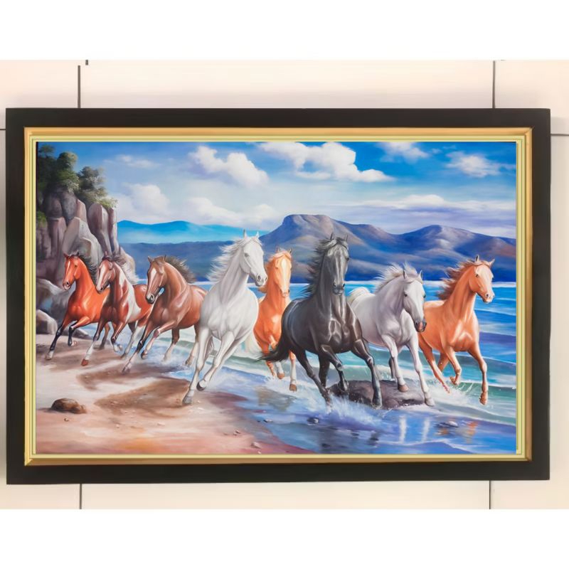 Hiasan dinding lukisan cetak kuda 8 berlari plus Bingkai ukuran 65cm×45cm