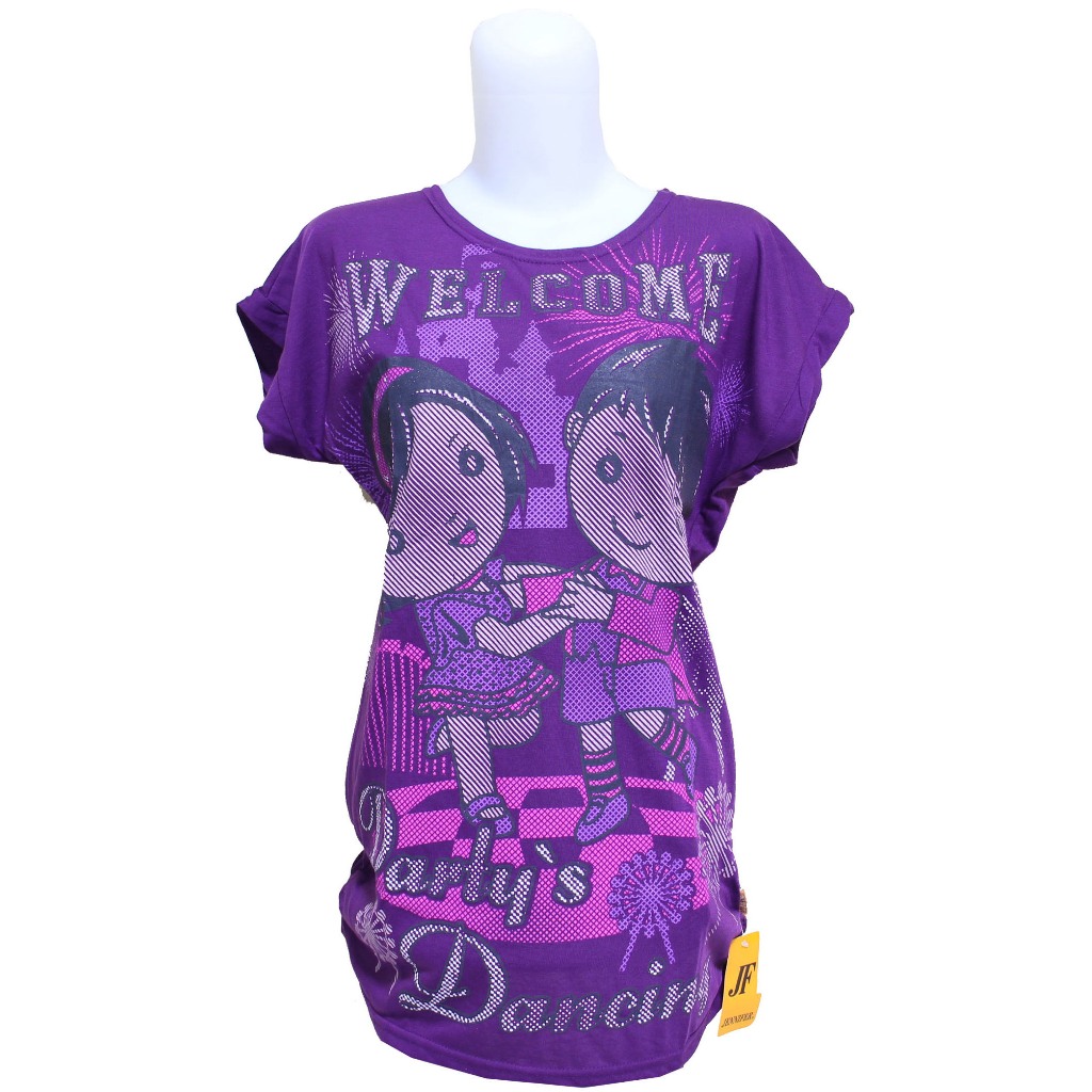 Busana Baju Pakaian Fashion Wanita Atasan Kemeja Blus Blouse Lengan Pendek Kaos Katun Welcome Ungu