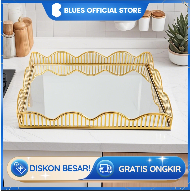 Nampan Aesthetic Plastik Kotak Baki Transparan Persegi Plastik Kotak Baki Snack Pegangan Handle Gold