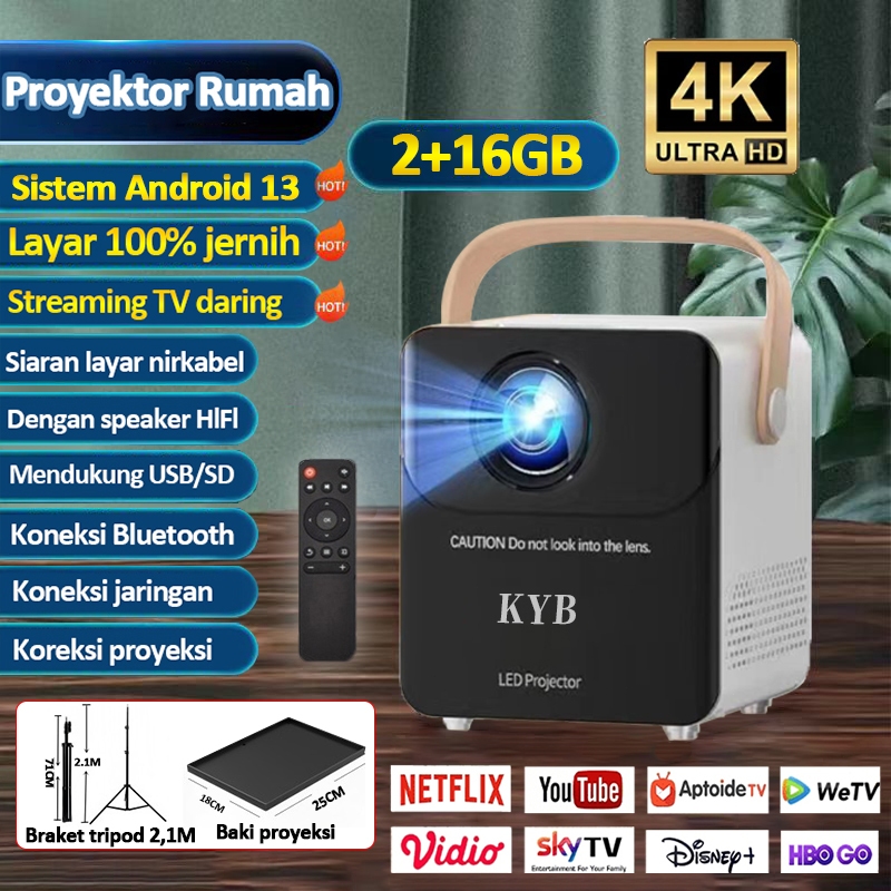 RUMPIN 2025 KYB T2 LED Proyektor Mini Smart Proyektor Android TV 4K HD Proyektor Portable/Murah 9.0