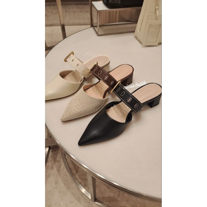 heels ck mules buckle pointed toe sepphe metallic twill