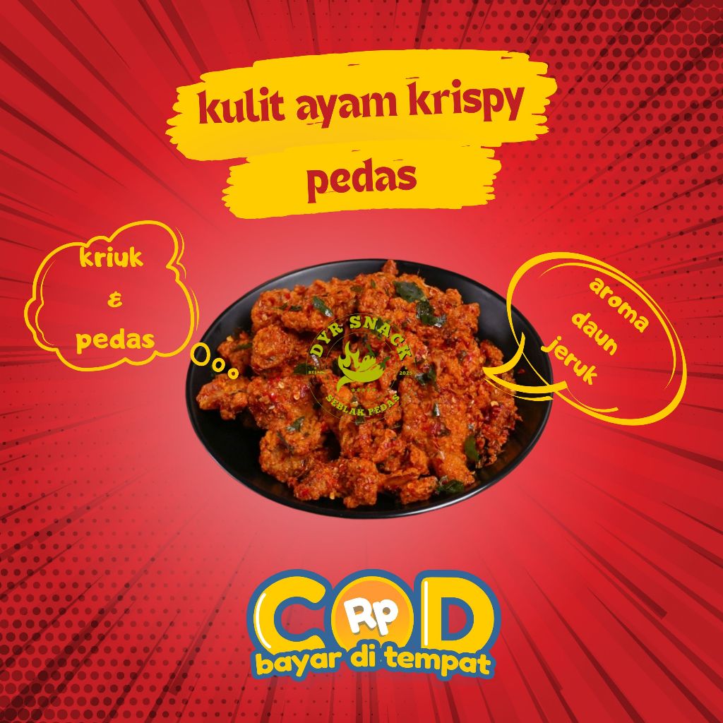 

Keripik Kulit Ayam Crispy /chicken kulit ayam/kulit cryspy renyah/cemilan makanan ringan rasa Pedas Daun Jeruk 1kg