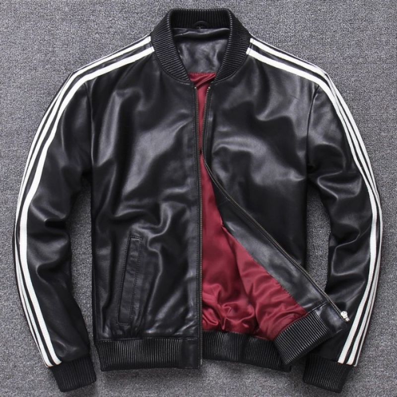 Jaket Kulit pria model Adidas Garis Putih 3 Jaket Kulit Imitasi pria model terbaru