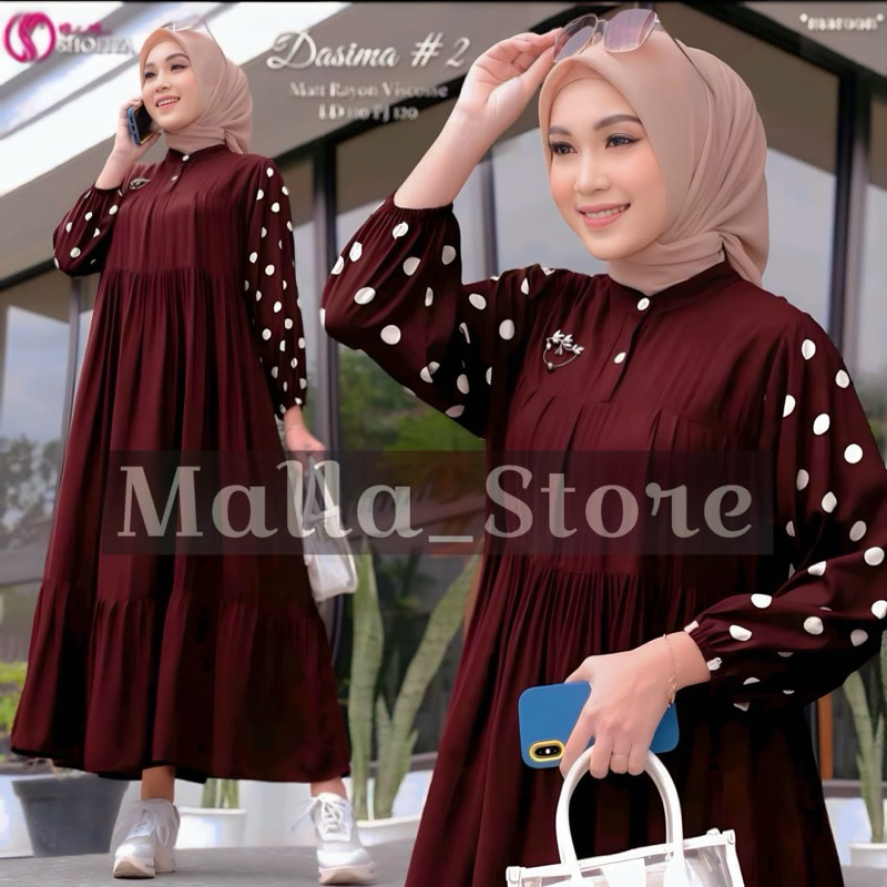 gamis dasima // gamis polos kombinasi polkadot bahan rayon premium adem