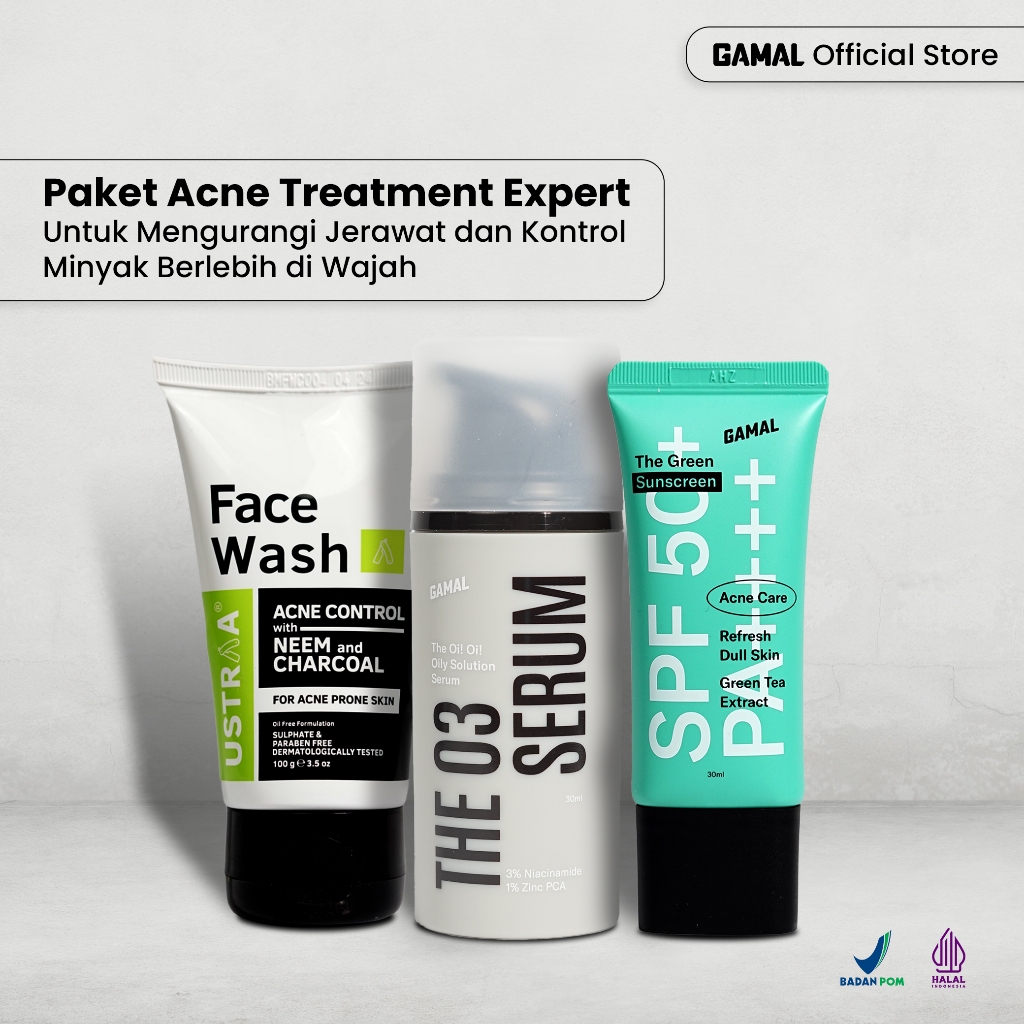 GAMAL | Paket Acne Treatment Expert | Ustraa Facewash Neem + The O3 Serum + The Green Sunscreen | Un