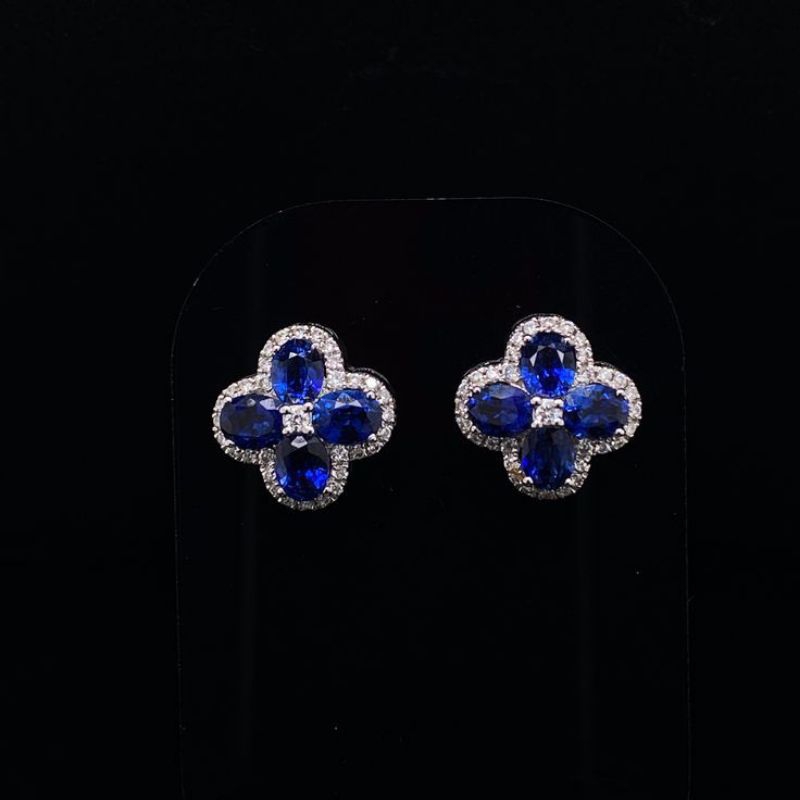 Anting emas wanita tusuk bunga biru degan permata zircone biru