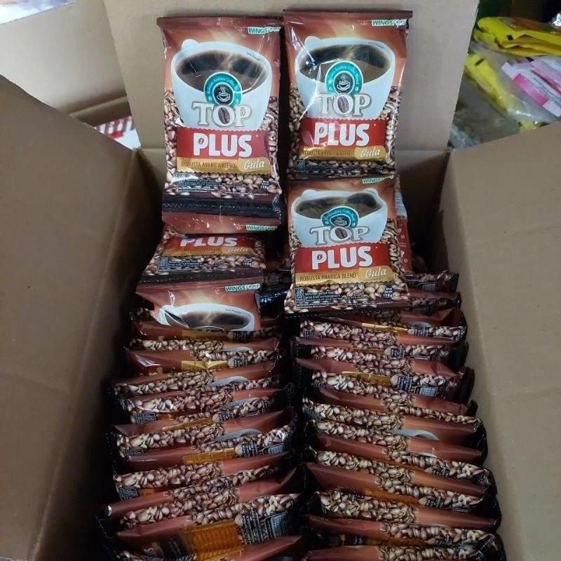 

TOP COFFE PLUS (kopi hitam + gula) 1 renteng isi 10 sachet x 18Gr