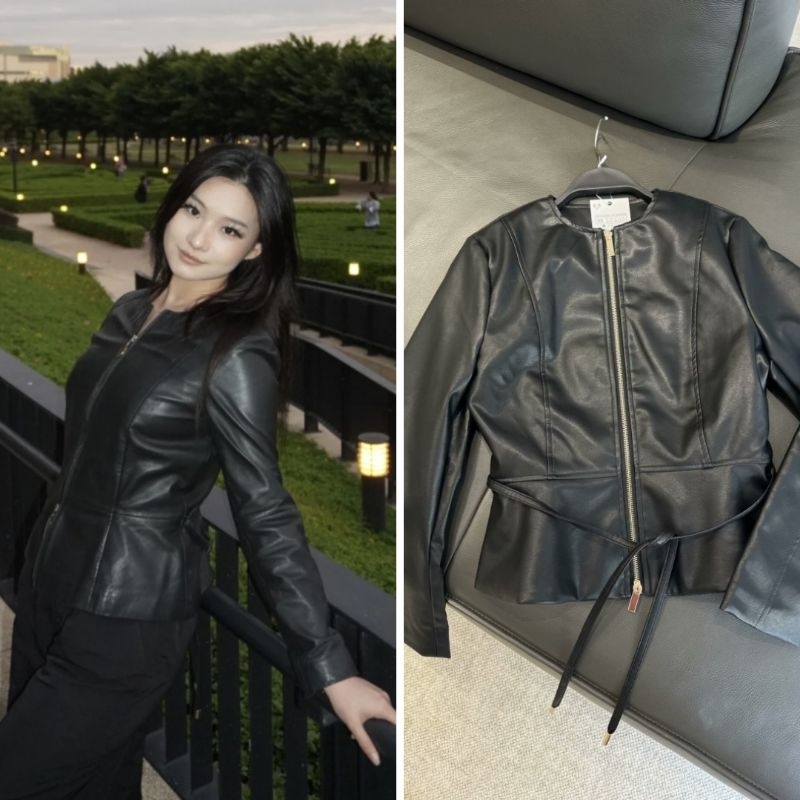 Bhusana Castle 77364 black leather vintage front zipper belted jacket / jaket kulit sintetis wanita