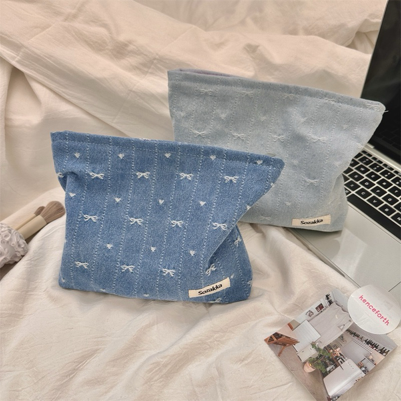 denim pouch kosmetik style korea makeup bag travel organizer traveling tas kosmetik kain motif pita 
