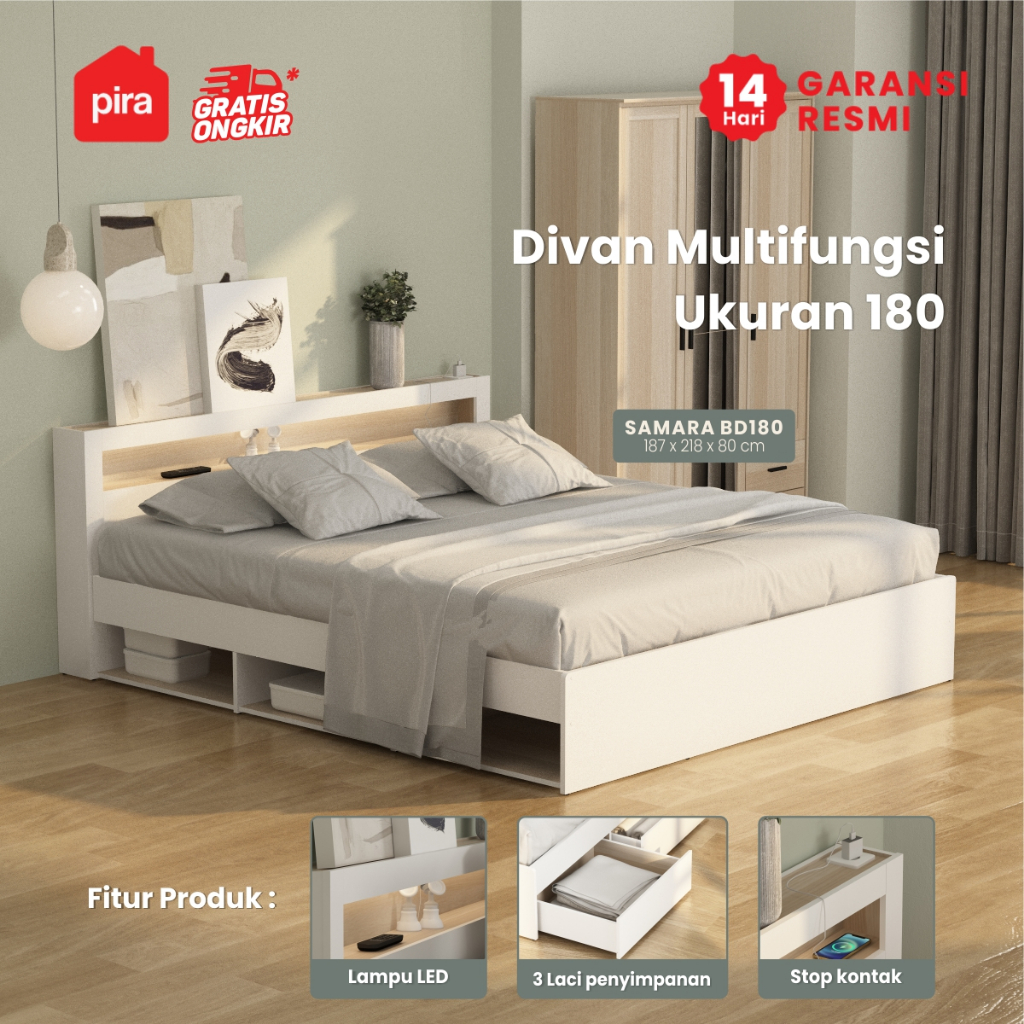 Pira - SAMARA BD180 Dipan / Ranjang / Tempat Tidur dengan Laci Penyimpanan dan LED