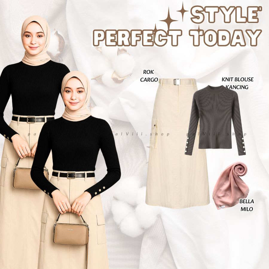STYLE PERFECT TODAY Rok Cargo + Knit Blouse + Hijab Korean OOTD Setelan 3in1 Style Rok Cargo Rok Kek
